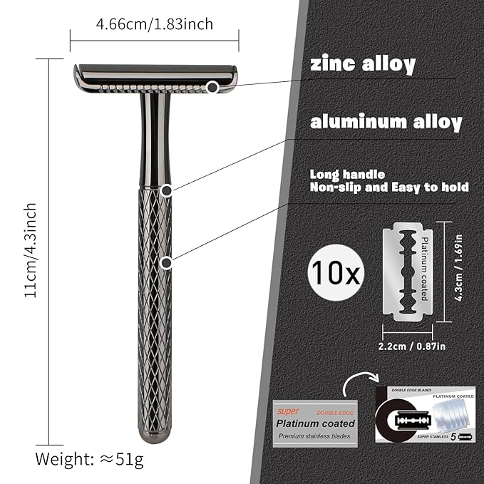 Shiny Gun Black Double Edge Safety Razor, Single Blade Razors for Men and Women, with 10 Stainless Steel Safety Razor Blades, Reusable, Smooth and Close Wet Shaving Kit, Plastic Free-VivaGrace Women