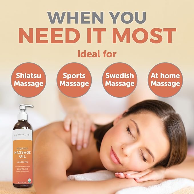 Viva Naturals Organic Massage Oil Unscented (8 fl. oz.) - Non-Greasy Body Oil with Mess-Free Pump, Moisturizing Massage Oils for Massage Therapy, Non-GMO and Certified Organic, 237 mL-VivaGrace Women
