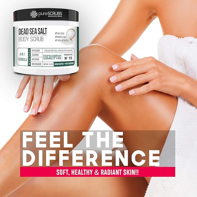 pureSCRUBS Premium Eucalyptus Body Scrub Set - Large 16oz Dead Sea Salt Body Scrub With Infused Essential Oils & Nutrients, Includes Wooden Spoon, Loofah & Oatmeal Exfoliating Bar Soap-VivaGrace Women