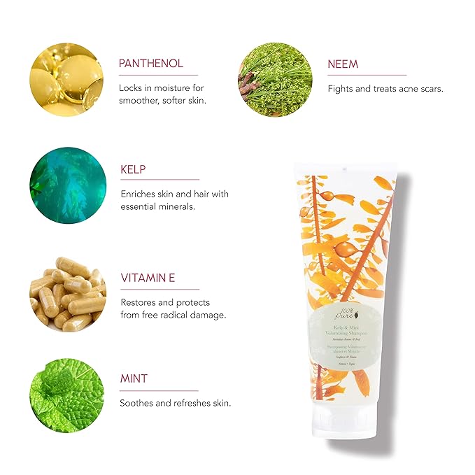 100% PURE Kelp & Mint Volumizing Shampoo Purifying Hydration & Deep Detox - Botanical Body Boost for Dry, Damaged Thinning Hair, Promotes Healthy Growth for Women & Men - Sulfate Free - 8 Fl Oz-VivaGrace Women