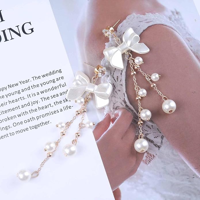 Vintage Crystal Pearl Drop Earrings Pearl Bow Dangle Earrings Long Pearl Tassel Chain Earrings Cz Bow Stud Earrings Jewelry for Women-VivaGrace Women
