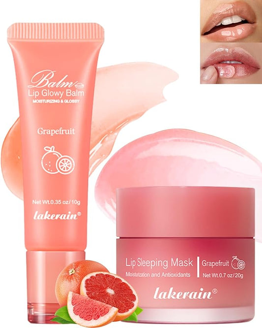 2Pcs Lip Glowy Balm & Lip Sleeping Mask Set,Hydrating Nourishing Repair Sleeping Lip Mask,Glossy Tinted Lip Balm,Day & Night Smooth Cracked Chapped Lip,Lip Care Therapy Treatment for Women-Grapefruit-VivaGrace Women
