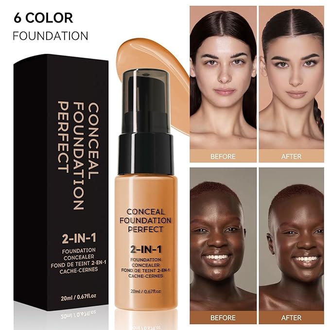 6 Colors Liquid Foundation Long-Lasting,Poreless Liquid Oil Concealer Foundation For All Skin Type,Waterproof & Sweat-Proof,Easy To Push Away,Flawless Finish Foundation,Balanced Skin Color-VivaGrace Women