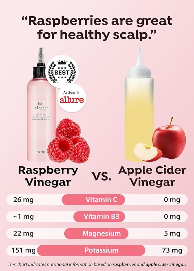 A'PIEU Raspberry Hair Vinegar Rinse Refill 13.6 fl oz - Scalp Treatment for Balanced pH, Shiny Hair | Korean Hair Care I Clarifies & Encourages Growth | Dandruff & Oil Control-VivaGrace Women