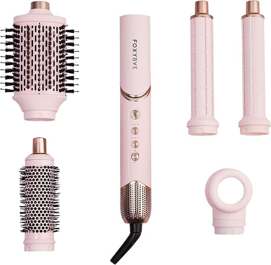 FoxyBae Super Styler Pro Interchangeable 5 in 1 Hair Styler Wand Curling Iron Set - w/Drying Cylinder, Ceramic Blowout & Round Brushes, 2 Auto-Wrap Curlers - Frizz-Free, Smooth Hair [Blush]-VivaGrace Women