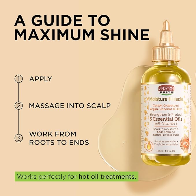 African Pride Moisture Miracle 5 Essential Hair Oils with Vitamin E (Pack of 3) | Moisture, Shine, Protection, and Growth | Argan, Castor, Grapeseed, Coconut, and Olive Oil | 4 oz-VivaGrace Women