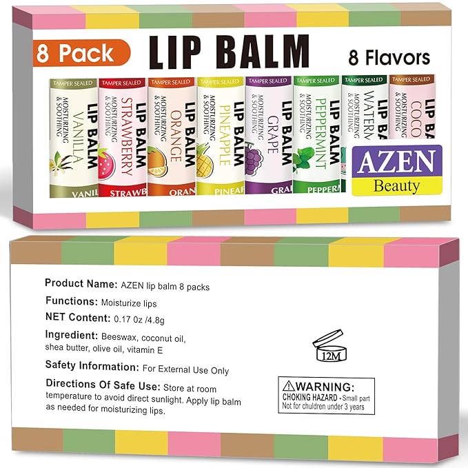 AZEN 8 Pack Lip Balm Stocking, Natural Lip Balm Bulk, Moisturizing Lip Balm for Dry Lips-VivaGrace Women