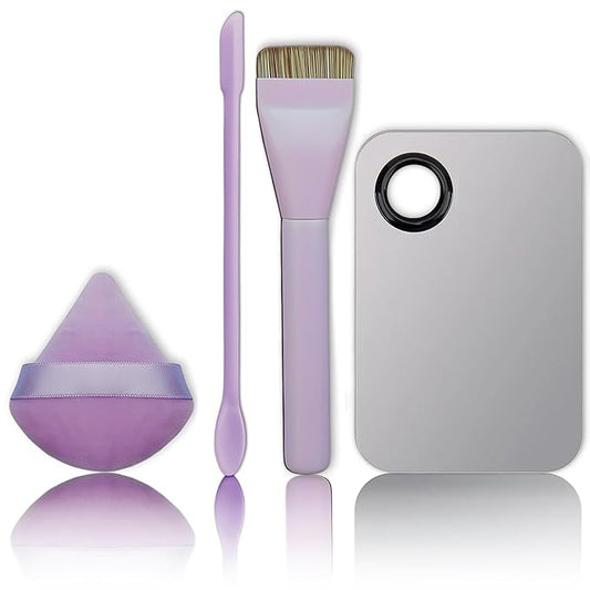 Makeup Brush Set - Flat Foundation Brush, Blender Sponge, Face Spatula, Puff & Heart-Shaped Mixing Palette with Leather Case – Complete Face Makeup Tool Kit for Blending, Foundation & Application-VivaGrace Women