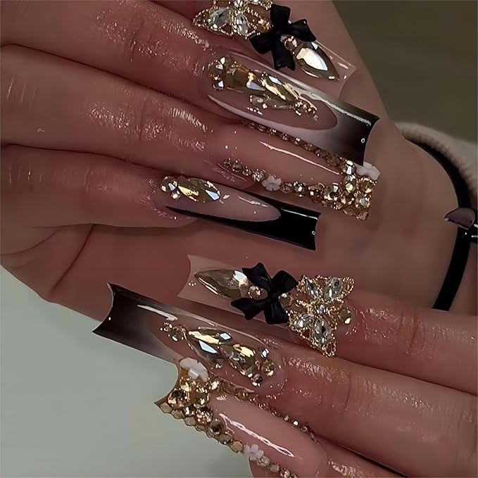 Long Press on Nails Square,Black French Tip False Nails with Glitter Design Hot Girls Nails 24Pcs(Gold & Black)