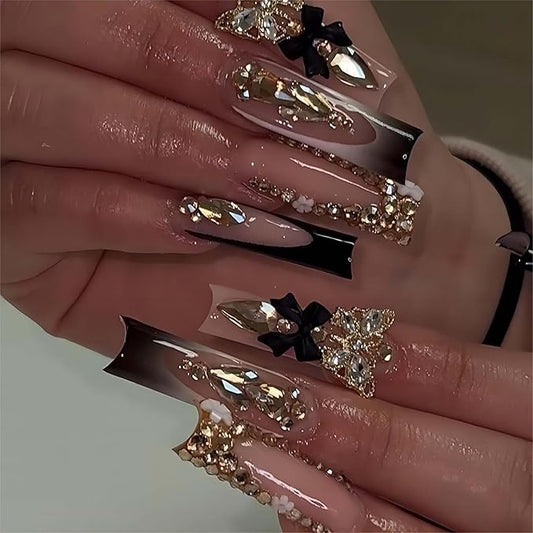 Long Press on Nails Square,Black French Tip False Nails with Glitter Design Hot Girls Nails 24Pcs(Gold & Black)