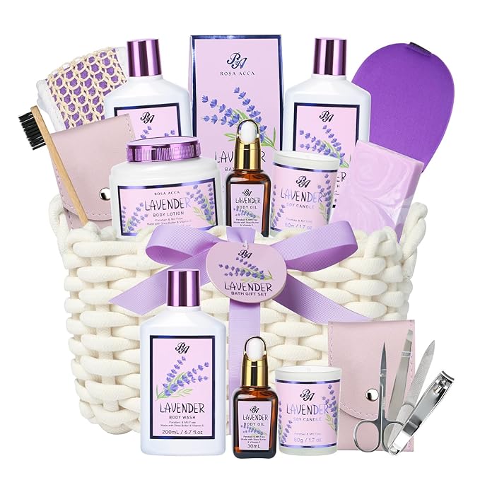 Bath and Body Gift For Women and Men - Lavender Home Spa Gift Set,Mug,Shower Gel,Bubble Bath,Lotion,Bath Bombs,Eye Mask,Manucure Set, Bath Belt, Body Oil,Bath Soak,Lip Balm,Soy Candle For Daily Use-VivaGrace Women