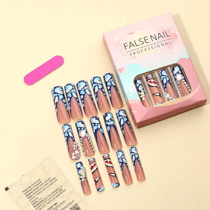 Extra Long Press on Nails,Gorgeous Patterns Fake Nails with Rhinestone False Nails(Pink & Blue)