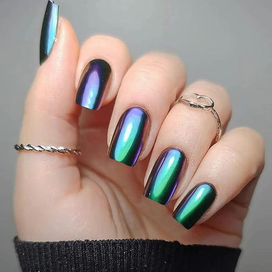 Press on Nails Square - Magic Chameleon Green Chrome Fake Nails Medium Acrylic Full Cover Glue on Nails in 12 Sizes - 24 Piece Nail Kit，Natural Fit for Women & Girls Daily Wear