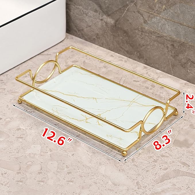 Vanity Tray Luxury Bathroom Counter Tray Glass Perfume Organizer Holder Cosmetics Makeup Skincare Display Decorative Vanity Trays for Bathroom Dresser Bedroom (Platinum, L)-VivaGrace Women