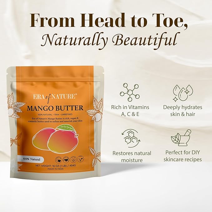 era of nature Organic Unrefined Raw Mango Body Butter Block 16oz - Moisturizing Mango Seed Raw Butter Bar for Skin & Hair, DIY Lip Balm Base, Cream, Soap & Lotion Making Supplies, Personal Skincare-VivaGrace Women