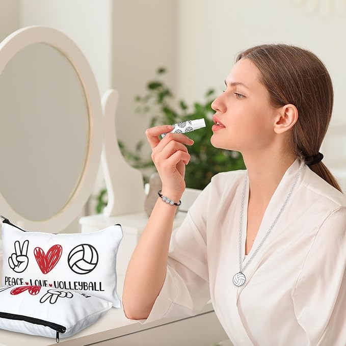 72 Pcs Sports Team Gifts Include 12 Makeup Bags 12 Lip Balm 12 Lip Balm Holder 12 Necklace 12 Adjustable Bracelet 12 Mirrors for Sports Lovers Players Party Favors (White, Volleyball)-VivaGrace Women