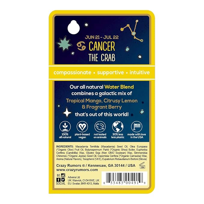Crazy Rumors Cancer Zodiac All Natural, Plant Based Lip Balm to Moisturize and Nourish your Lips - Water Blend (Tropical Mango, Citrus Lemon, and Fragrant Berry)-VivaGrace Women