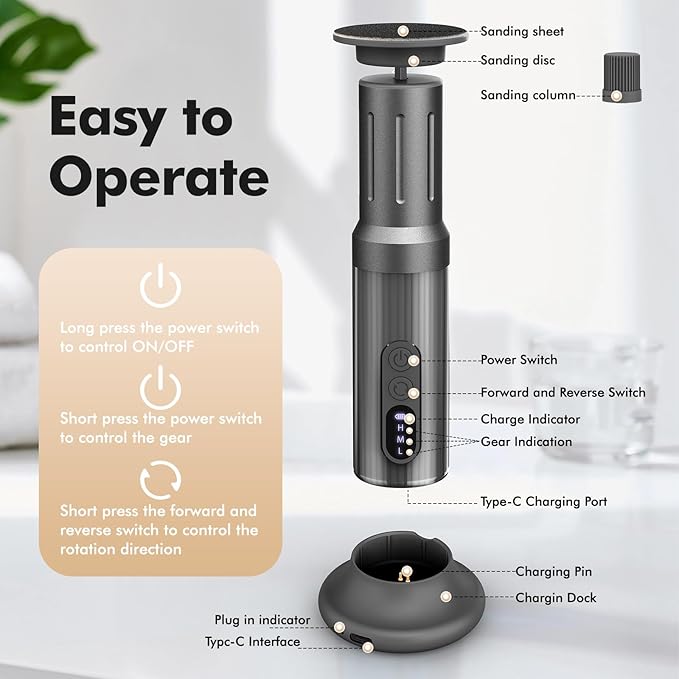 Electric Foot Callus Remover Cordless Electric Foot Filer Kit with 6Speeds Chagring Dock Callus Remover for Women Men Feet and Nail(Black)-VivaGrace Women