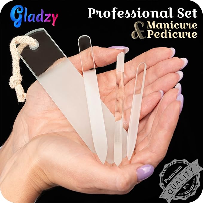Genuine Czech Glass Nail File Set by GLADZY - Callus Remover Foot Rasp, Cuticle Pusher Manicure Stick, Double Sided Etched Different Grit Surface, Professional Nail Care Tool Kit, Made in EU-VivaGrace Women
