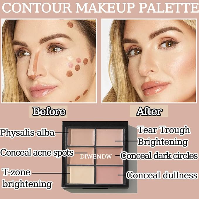 6 Colors Correcting Concealer Palette,Colors Corrector Palette,Moisturizing Full Coverage Liquid Foundation Cream Contour Makeup Palette with Brush-VivaGrace Women