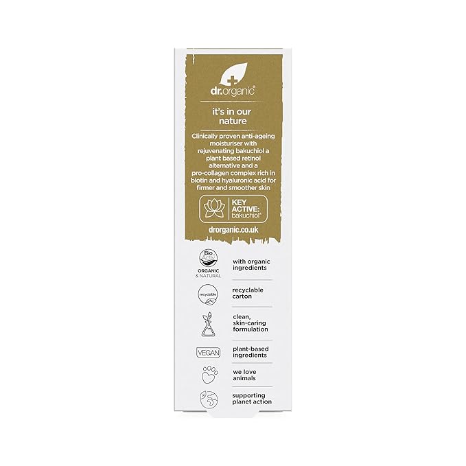 Dr. Organic Pro Collagen Plus + Anti-Ageing Moisturiser with Bakuchiol | Firm & Smooth Skin, Reduces Wrinkles, (Normal Skin) Natural, Certified Organic, Paraben & SLS-Free, 50 mL / 1.7 fl oz