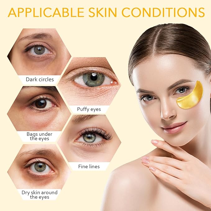 Under Eye Patches, Gold Eye Patches for Puffy Eyes and Dark Circles 24k Gold Under Eye Mask for Wrinkles Eye Bags for Women and Men Collagen Skincare Treatment (20pcs)-VivaGrace Women