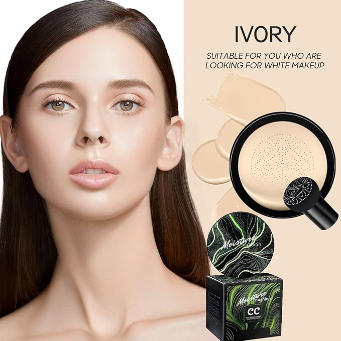 Mushroom Head Air Cushion CC Cream - BB Cream Foundation Makeup Moisturizing Concealer Long-Lasting, Cushion Foundation Full Coverage Self Adjusting for Mature Skin & All Skin Types(Ivory)-VivaGrace Women