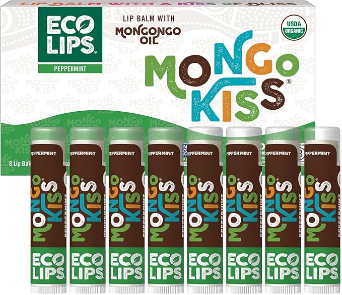Mongo Kiss USDA Organic Lip Balm Set 8-pack (0.15 oz. each) with Mongongo Oil & Cocoa Butter to Moisturize Chapped Lips | Made in USA by Eco Lips - Peppermint-VivaGrace Women