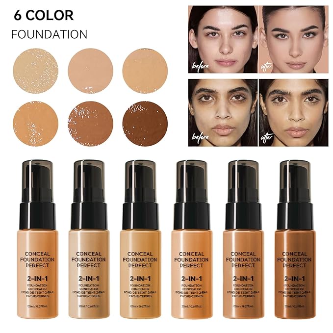 6 Colors Liquid Foundation Long-Lasting,Poreless Liquid Oil Concealer Foundation For All Skin Type,Waterproof & Sweat-Proof,Easy To Push Away,Flawless Finish Foundation,Balanced Skin Color-VivaGrace Women