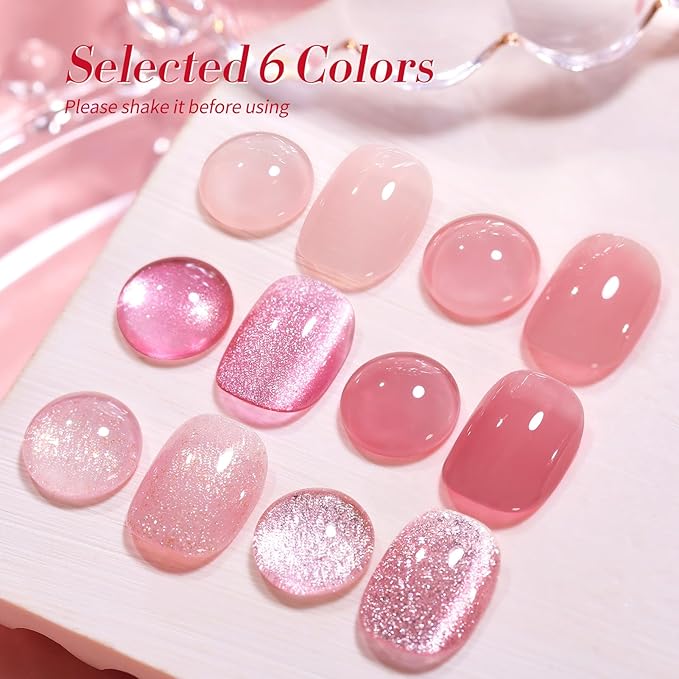 Born Pretty Gel Nail Polish Pink Nude Series,Jelly Transparent,Cat Magnetic Eye,Shimmer Glitter Holographic Pink Nude Gel Polish Kit for Salon Manicure and Nail Art DIY at Home 6Colors-VivaGrace Women