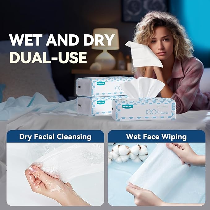 Winner Softer Face Towels - 100% USA Cotton Dry Wipes, 300 Count Unscented Cotton Tissues for Sensitive Skin, OEKO-TEX Certified Face Towelettes Disposable, Makeup Remover Facial Towels, 3 Pack-VivaGrace Women