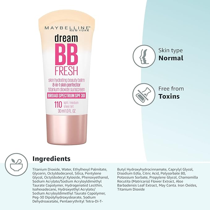 Maybelline Dream Fresh Skin Hydrating BB cream, 8-in-1 Skin Perfecting Beauty Balm with Broad Spectrum SPF 30, Sheer Tint Coverage, Oil-Free, Light/Medium, 1 Fl Oz-VivaGrace Women