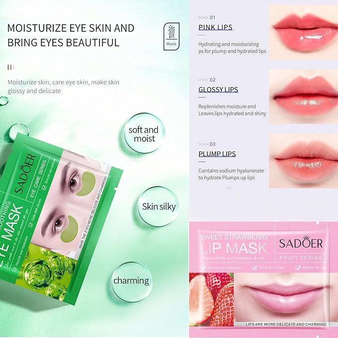 MEICOLY 30 Pads Lip and Eye Mask Sheet,Moisturizing Seaweed Eye Mask Crystal Anti-Aging Eye Patches Strawberry Lip Mask,Dark Circle Remover with Box,Lip and Eye Mask Set-VivaGrace Women