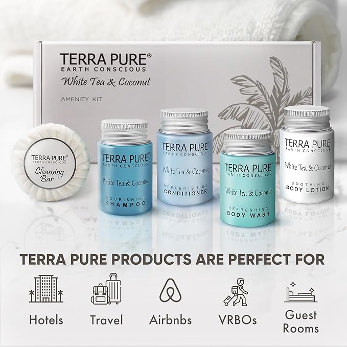 Terra Pure White Tea and Coconut Amenity Kit | Hotel Toiletries | 1oz Travel Size Shampoo, Conditioner, Lotion, Body Wash & Cleansing Bar for Guest Hospitality AirBnB/Vacation Rentals | 1 set/case-VivaGrace Women