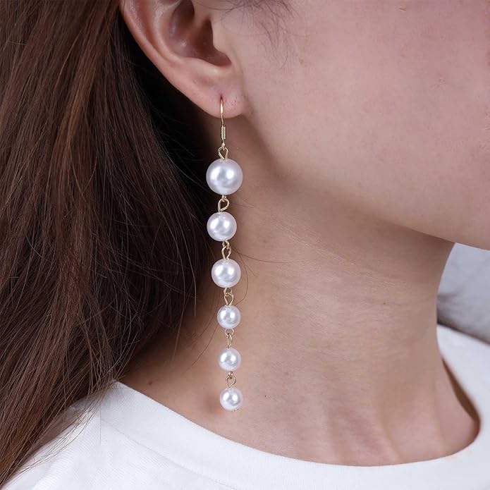 Boho Long Pearl Drop Earrings Vintage Gold Tassel Pearl Dangle Earrings Statement Pearl Chain Drop Dangle Earrings Wedding Prom Bridal Pearl Hook Earrings Jewelry for Women-VivaGrace Women
