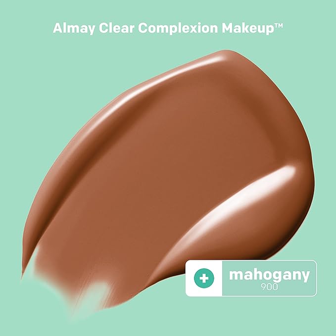 Almay Clear Complexion Acne Foundation Makeup with Salicylic Acid - Lightweight, Medium Coverage, Hypoallergenic, Fragrance-Free, for Sensitive Skin, 900 Mahogany, 1 fl oz.-VivaGrace Women