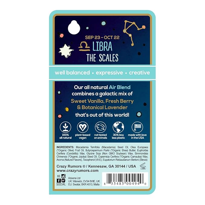 Crazy Rumors Libra Zodiac All Natural, Plant Based Lip Balm to Moisturize and Nourish your Lips - Air Blend-VivaGrace Women