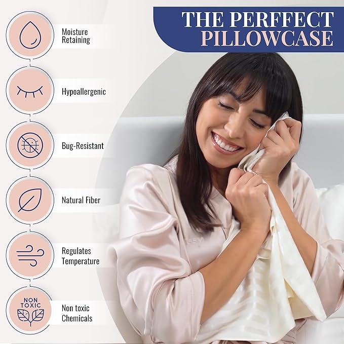 Blissy Silk Pillowcase - 100% Pure Mulberry Silk - 22 Momme 6A High-Grade Fibers - Silk Pillow Cover for Hair & Skin - Regular, Queen & King (White Striped, Standard)-VivaGrace Women