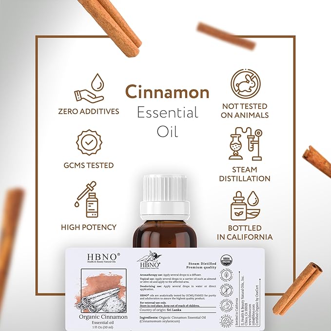 HBNO Organic Cinnamon Leaf Essential Oil - 1 oz (30ml) Travel Size - USDA Certified Organic Cinnamon Essential Oil, Perfect for Aromatherapy, Soap Making, DIY, Fragrances, Diffuser.-VivaGrace Women