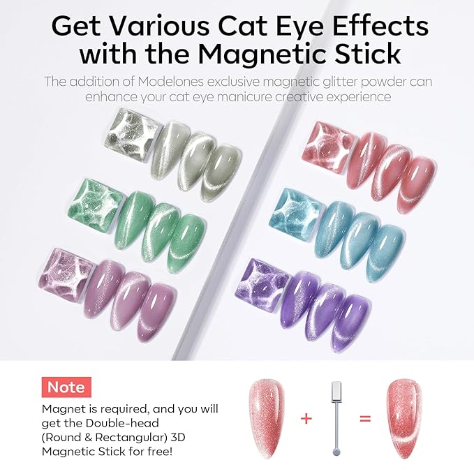 modelones Cat Eye Gel Nail Polish 6 Colors Red Green Silver Purple Blue Glitter Cat Eye Gel Polish Holographic 9D Semi-transparent With Magnet Soak Off Led Nail Art DIY Salon Gifts For Women Girl-VivaGrace Women