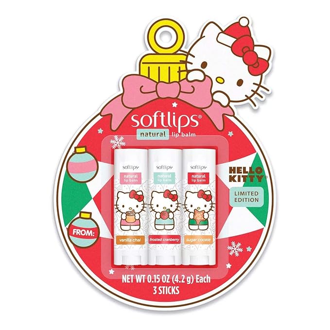 Hello Kitty Limited Edition Softlips Ornament Natural Lip Balm 3-Pack Vanilla Chai, Frosted Cranberry, Sugar Cookie, Holidays 2020-VivaGrace Women