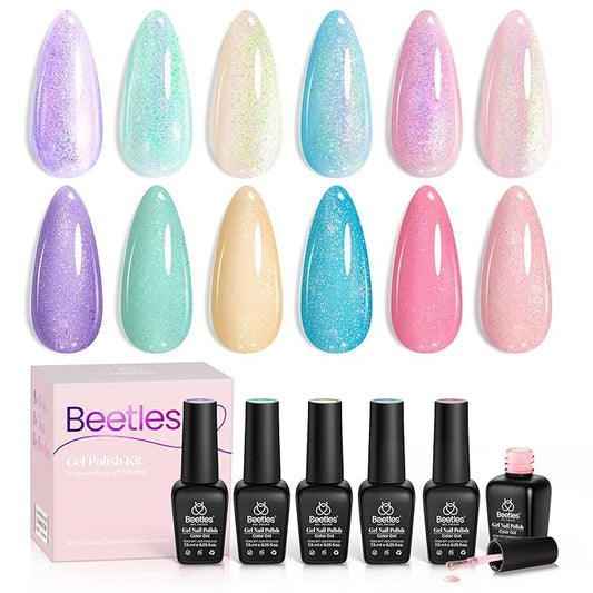Beetles Glitter Gel Nail Polish Set, Pastel Pink Purple Blue 6 Colors Nebula Halo Chameleon Gel Polish Soak Off Uv Nail Lamp Gifts for Women-VivaGrace Women