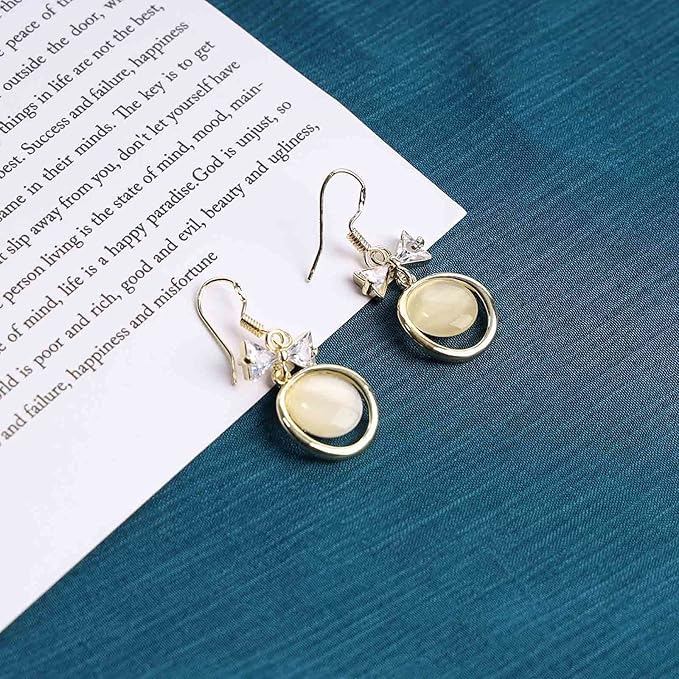 Vintage Circle Drop Earring Gold Cat Eye Stone Earrings Dangle Chalcedony Earrings with Bowknot Earrings Jewelry for Women and Teen Girls-VivaGrace Women
