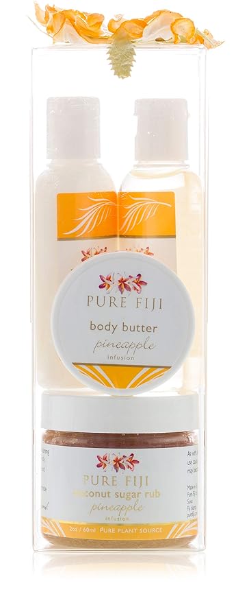 Pure Fiji Spa Gifts for Women and Man - Body Gift Box Include: Sugar Scrub, Bath and Body Oil, Body Butter and Body Lotion, Scent Pineapple-VivaGrace Women