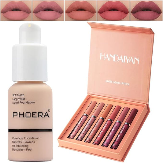 PHOERA Foundation,6Pcs Matte Liquid Lipstick Makeup Set, Matte liquid Long-Lasting Wear,PHOERA Makeup Foundation Full Coverage(101- Porcelain)-VivaGrace Women