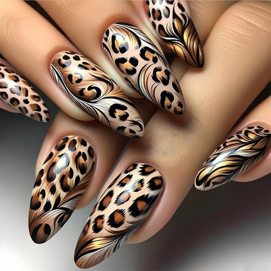 Leopard Press on Nails Medium Almond Fake Nails Fall False Nails with Design Cheetah Glue on Nails Glossy Reusable Summer Nails for Women Girls Manicure 24pcs