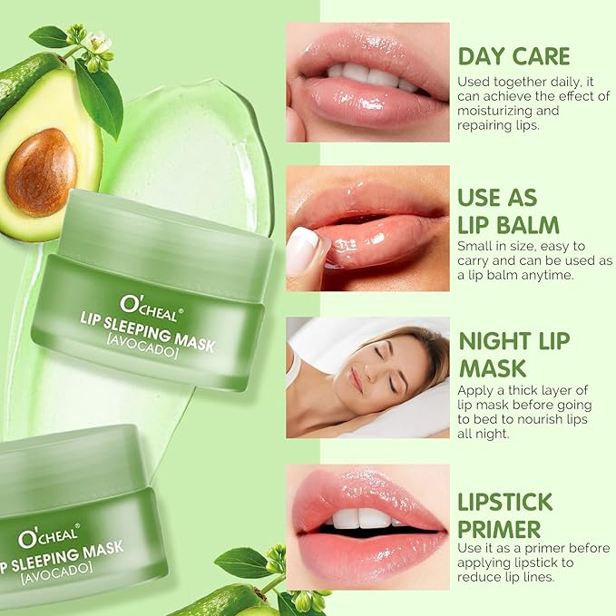 Lip Sleeping Mask Overnight Moisturizer Balm, Berry Lip Mask, Day and Night Repair Lip Balm for Improves Dryness Cracked, Moisturize Nourish Lip Scrubs Exfoliate Reduce Lip Lines (Avocado)-VivaGrace Women