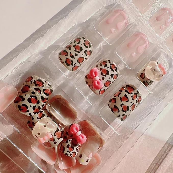 Cute Press on Nails Short Square Fake Nails with 3D French Cute Kawaii Design Leopard Pink Press ons Cartoon Nail Tip Artificial Acrylic Nail Cute False Nails for Women Girls Manicure 24Pcs