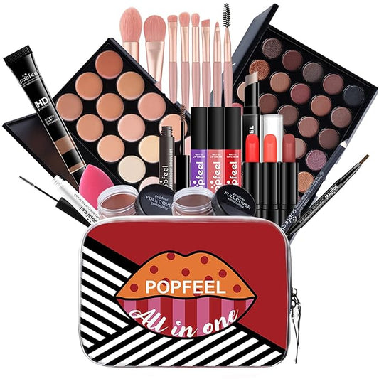 Makeup Kit For Women Full Kit, Naked Shimmer Eyeshadow Palette, Waterproof Black Eyeliner & Mascara, Makeup Tools Set, Lipstick, Premium Synthetic Foundation Powder for Medium to Dark Skin-VivaGrace Women