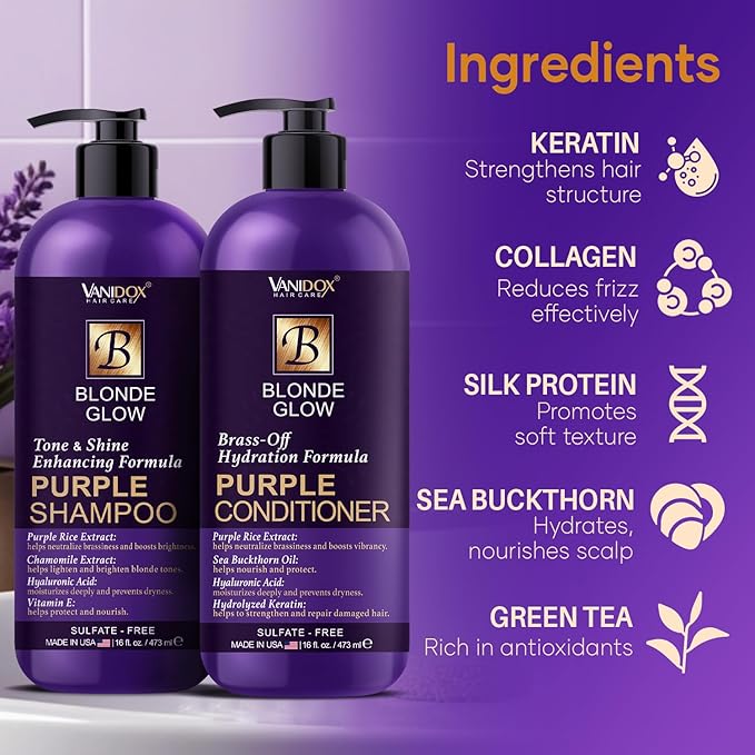 Sulfate Free Brass Toning Purple Shampoo and Conditioner Set for Blondes, Brown Highlighted, or Bleached Hair, Shampoo for Blondes Infused with Purple Rice Extract (16 fl oz each)-VivaGrace Women